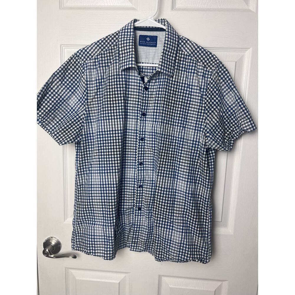 Ryan Seacrest Men's Short Sleeve Casual Button Up Shirt Size Large Blue Cotton